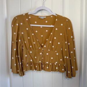 American Eagle Outfitters Mustard Polka Dot Ruffle Blouse